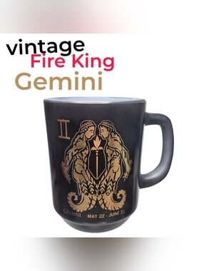 Vintage 1970s Fire-King Gemini Zodiac Black  Gold Milk glass Mug